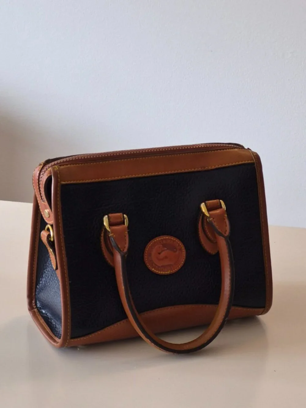 Vintage Dooney & Bourke AWL Small Satchel Top Handle Navy British Tan
